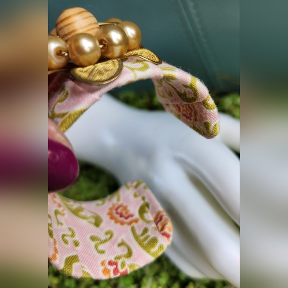 LENORA DAME Anthro Pleats Cottage Floral Fabric Gems Pearls Metal Cuff Bracelet - Picture 11 of 16